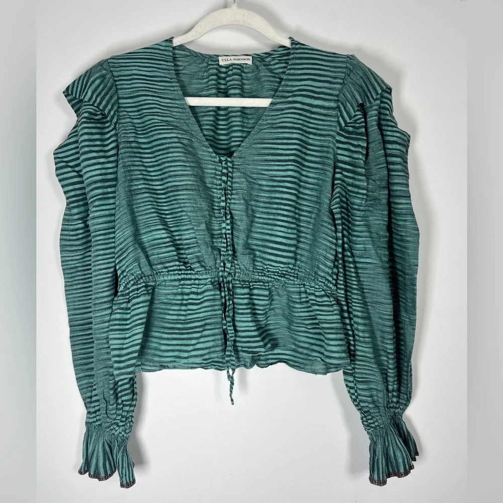 Ulla Johnson Ophelia Cotton Voile Peplum Blouse Teal/ Green Stripe sz 6